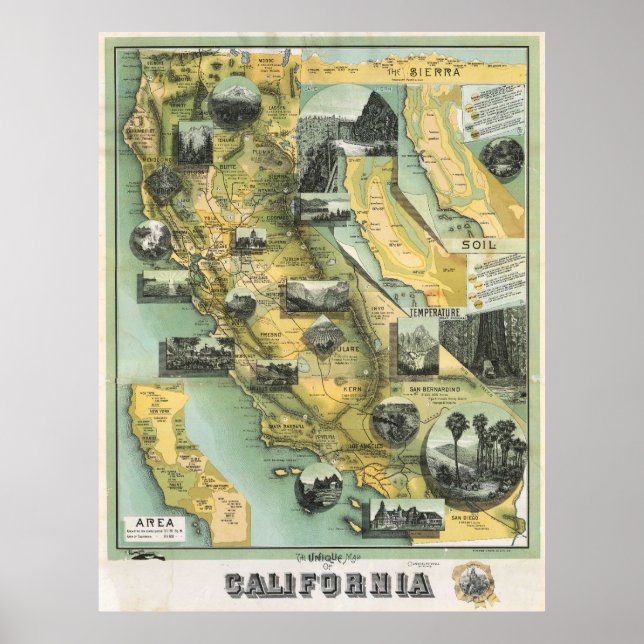 Vintage Pictorial California Map Poster 1888 (Devant)
