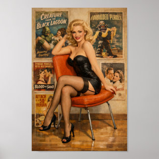 Vintage Pin-Up Glamour with Aged Movie Posters
