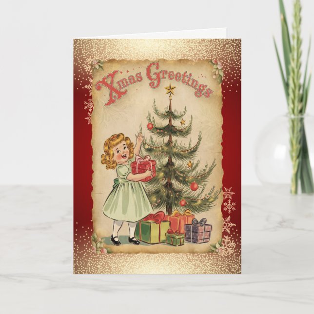 Vintage Pine Tree Girl Snowflakes Carte de vacance (Devant)