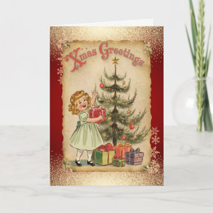 Vintage Pine Tree Girl Snowflakes Carte de vacance