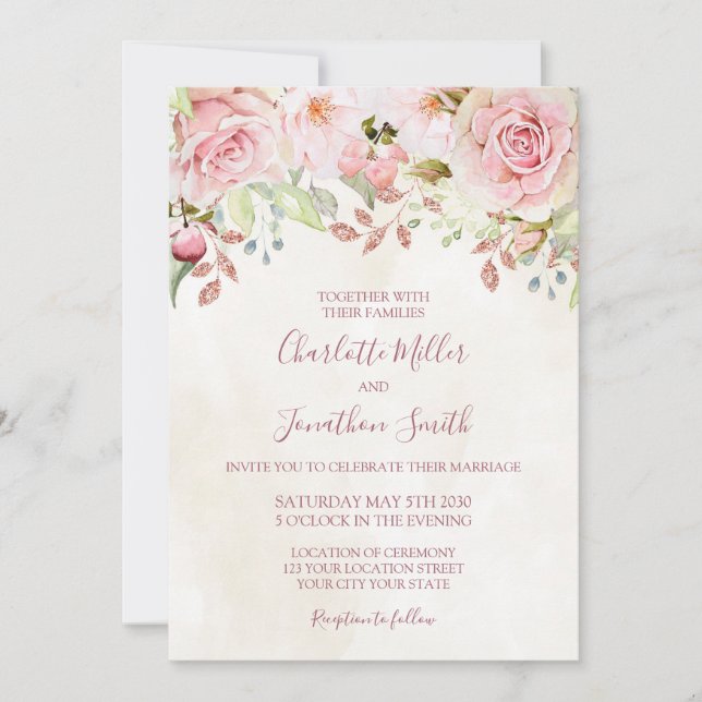 Vintage Pink Floral Spring Wedding Invitations (Devant)