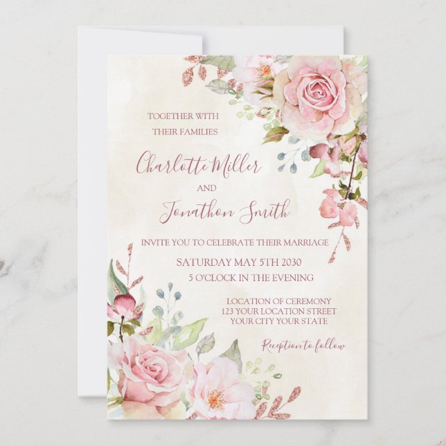 Vintage Pink Floral Spring Wedding Invitations (Devant)