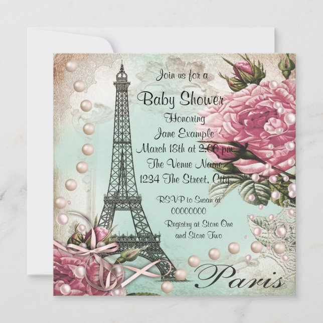 Vintage Pink Paris Baby Shower Invitations (Devant)