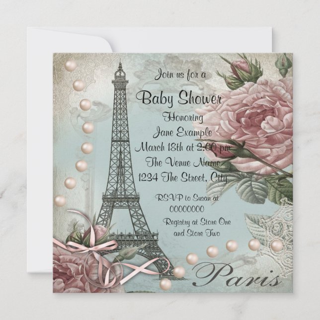 Vintage Pink Paris Baby Shower Invitations (Devant)
