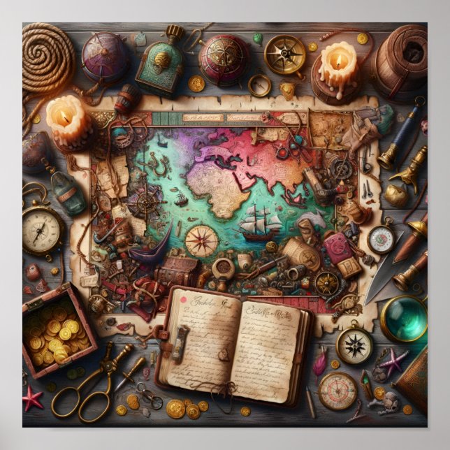 Vintage Pirate Treasure Map Explorer Poster Print (Devant)