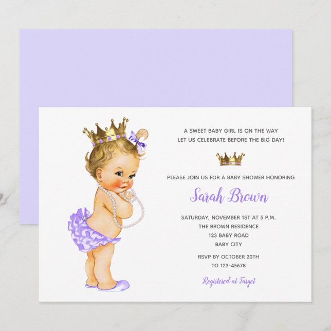 Vintage Princesse Invitations Blonde Bébé Violet (Devant / Derrière)