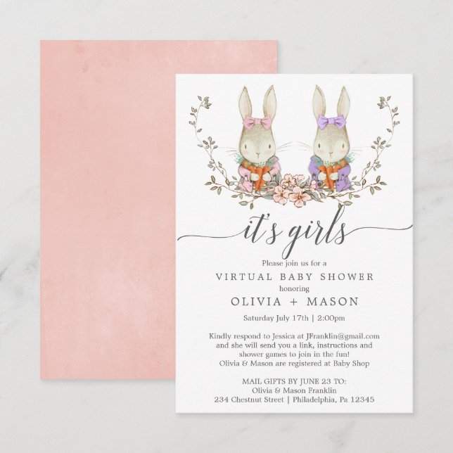 Vintage Rabbit Baby shower virtuel Invitation Twin (Devant / Derrière)