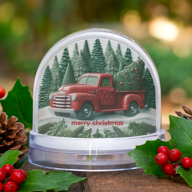 Vintage Red Truck Merry Christmas  (Vintage red truck snow globe with Christmas tree, holly berries, and pinecones.)