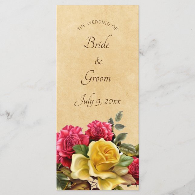 Vintage Red & Yellow Roses Programme de mariage fl (Devant)