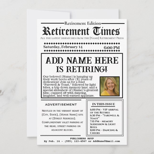 Vintage “Retirement Times” Newspaper Invitation (Devant)