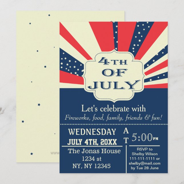Vintage Retro Juillet 4 Fête Invitation (Devant / Derrière)
