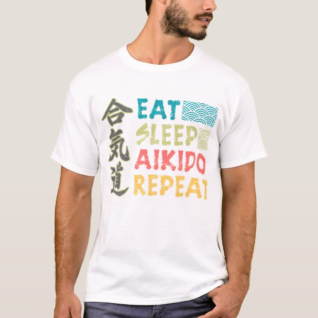 Vintage Retro Mange Sommeil Aikido Répéter T-shirt (Devant)