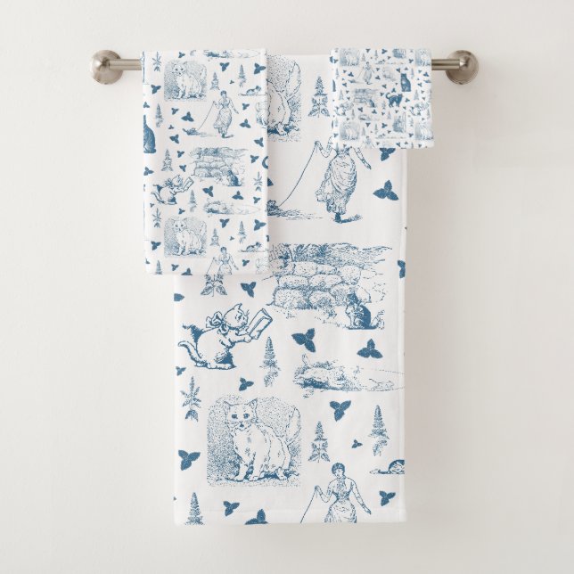 Vintage Retro Toile Motif Chat Catnip Blanc Bleu (En situation)