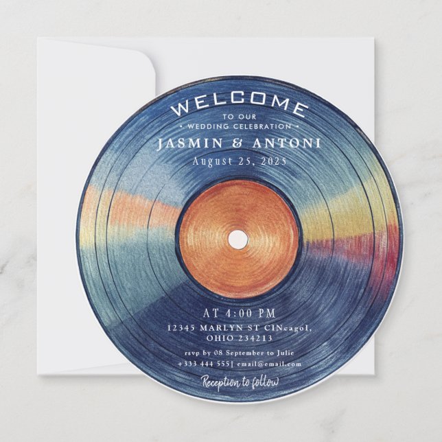 Vintage Retro Vinyl Record QR Wedding Invitation (Devant)