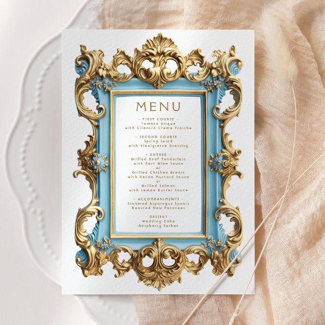 Vintage Rococo Frame Blue Gold Wedding Menu (Créateur téléchargé)