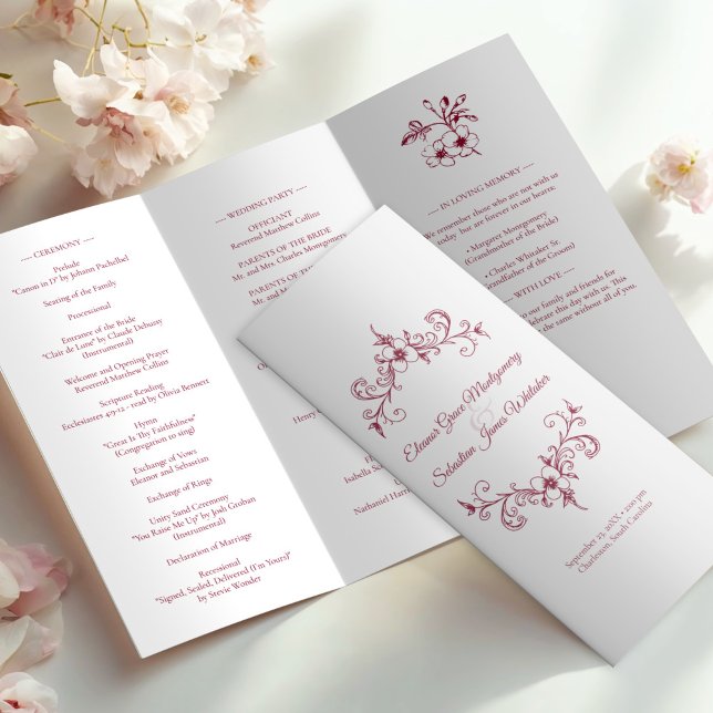 Vintage Romance Bourgogne Mariage Triple Programme (Créateur téléchargé)