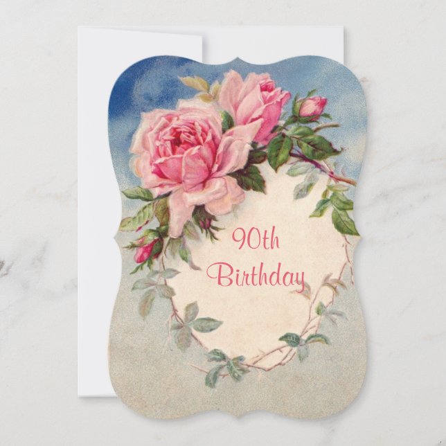 Vintage, Roses roses, 90e anniversaire, Invitation (Devant)
