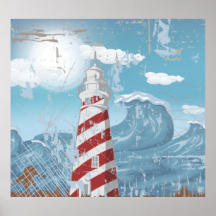 Vintage rouge blanc phare gruning poster impressio