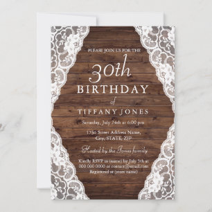 Vintage Rustic Wood dentelle Invitation de 30e ann
