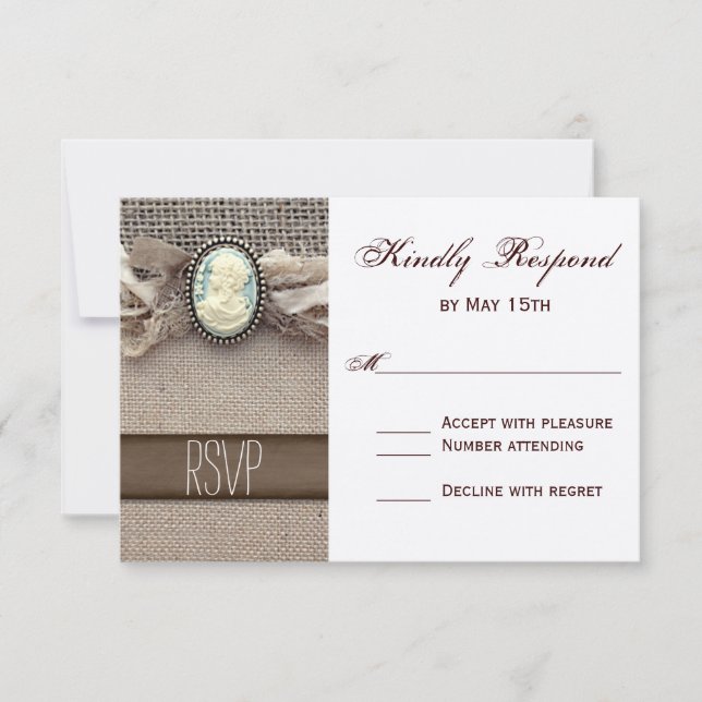 Vintage rustique Cameo Broch Burlap Wedding RSVP (Devant)