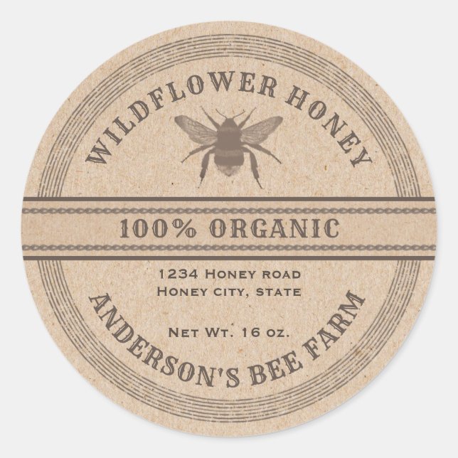 Vintage rustique Kraft bee miel pot étiquette (Devant)