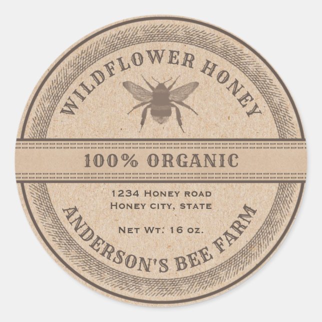 Vintage rustique Kraft bee miel pot étiquette (Devant)