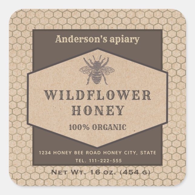 Vintage rustique Kraft miel abeille miel étiquette (Devant)