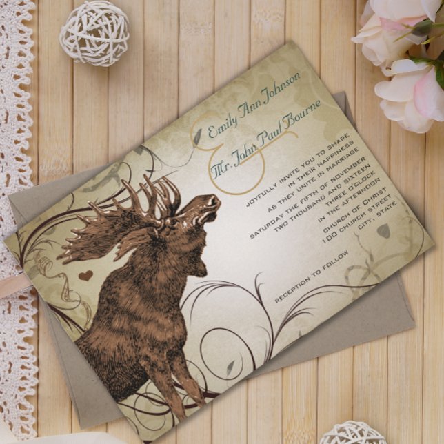 Vintage Rustique Luxe Moose Wedding Invitations (Créateur téléchargé)