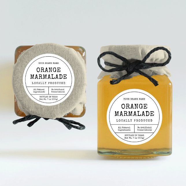Vintage rustique Noir & Blanc Jam Jar Étiquette (Rustic minimalist round preserve jar labels with vintage fonts in black and white)
