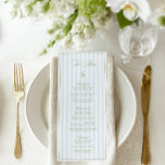 Vintage Sage Green & Blue Stried Mariage Menu<br><div class="desc">Une carte de menu mariage raffinée conçue avec des rayures verticales vertes et bleues à la sauge douce, des polices serif intemporelles et des accents de script romantiques. Des initiales personnalisées apparaissent au verso (facultatives et entièrement modifiables). Idéal pour les mariages de jardin, les réceptions d'été ou les célébrations classiques...</div>