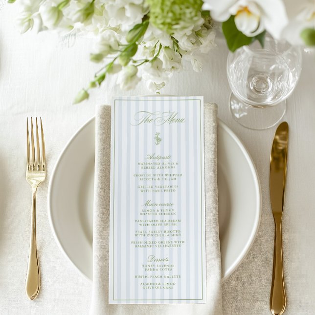 Vintage Sage Green & Blue Stried Mariage Menu (Vintage Sage Green & Blue Striped Wedding Menu)