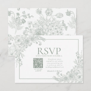 Vintage Sage Green Floral Line Art QR Code RSVP