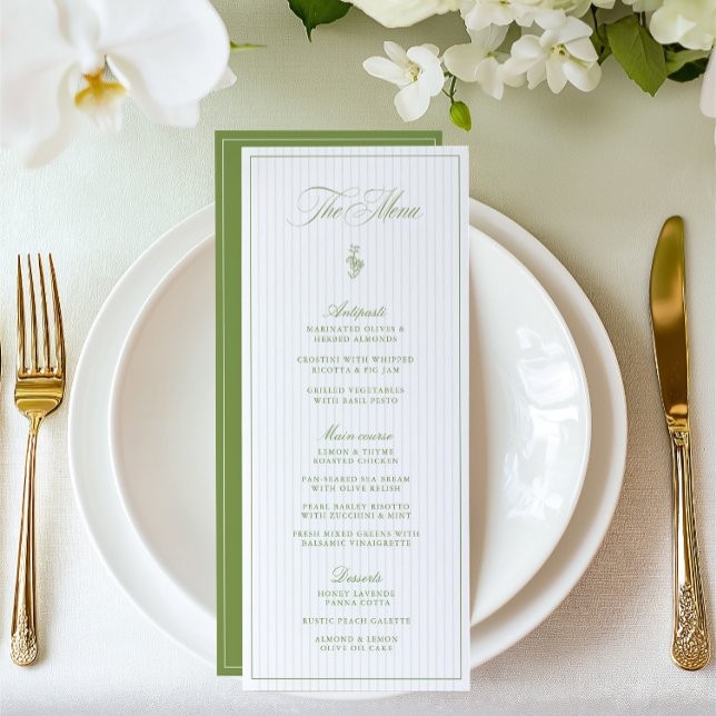 Vintage Sage Vert & Beige Gratuit Mariage Menu (Vintage Sage Green & Beige Striped Wedding Menu)