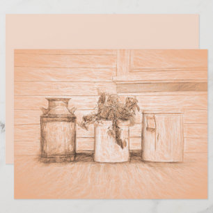 Vintage Sepia Rustic Sketch Art Country Jugs
