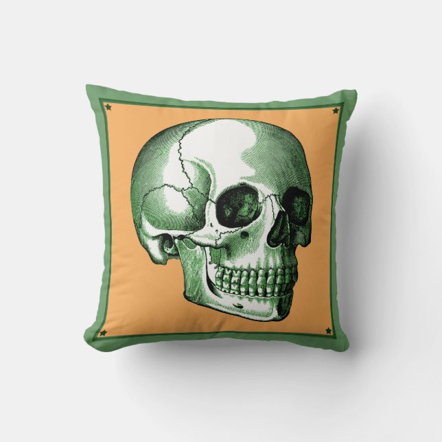 Vintage Side View Green et Tangerine Skull Coussin (Recto)