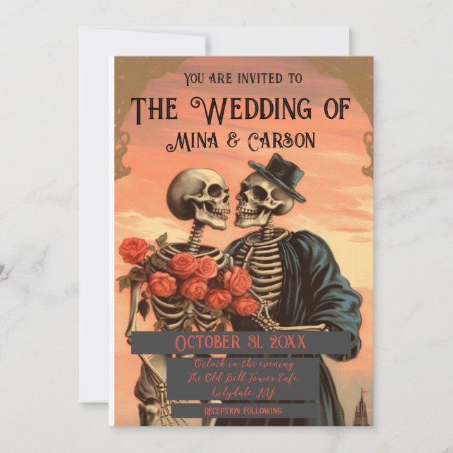 Vintage Skeleton Couple Goth Faire-part de mariage (Devant)