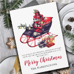 Vintage Sleigh Joyeux Noël<br><div class="desc">Un traîneau de Noël d'inspiration vintage empilé de cadeaux, paré de cloches saintes et de sonneries, et parsemé de flocons de neige sur blanc propre. Éditez le court verset, le message de Noël Joyeux (passez à Joyeux Fêtes ou Salutations de Saison, ou retirez), et la ligne de nom de famille...</div>