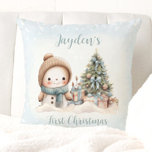 Vintage Snowman Boy Blue Premier Coussin de Noël
