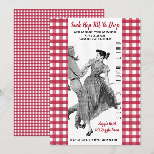 Vintage SOCK HOP Retro Invitation ANNIVERSAIRE 50e (Devant / Derrière)