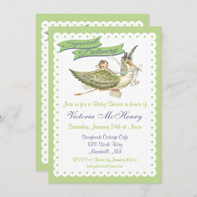 Vintage Storybook Stork Baby Shower Invitations (Devant / Derrière)