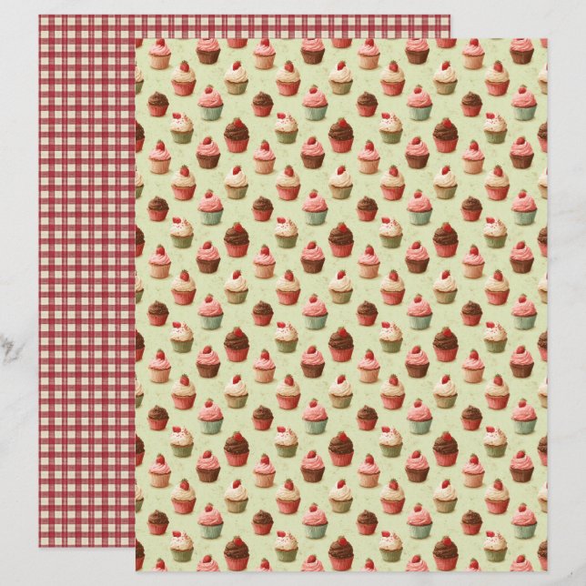 Vintage Strawberry Cupcake Scrapbook Paper (Devant / Derrière)