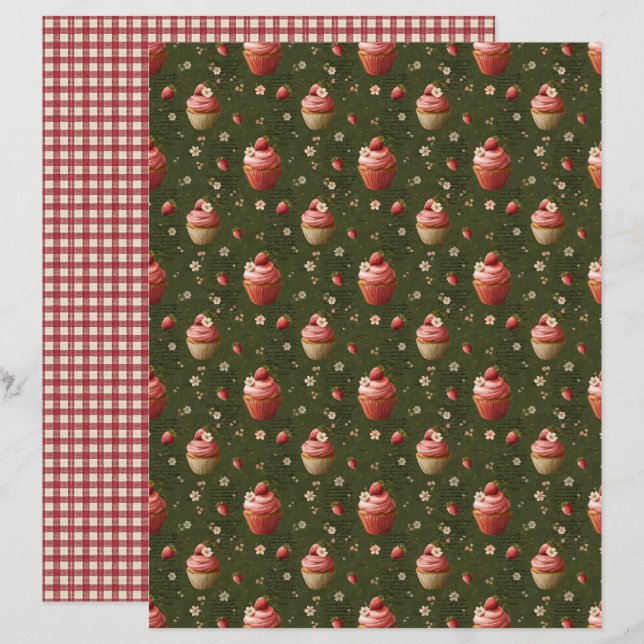 Vintage Strawberry Cupcakes Scrapbook Paper (Devant / Derrière)