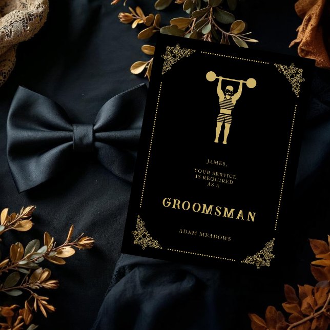 Vintage Strongman Golden Effet Groomsman (Vintage Strongman Fake Golden Effect Groomsman & Best Man Proposal Cards.)