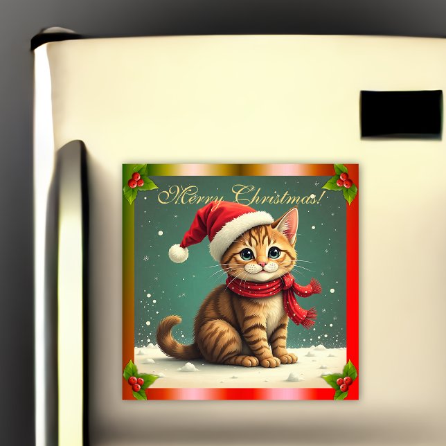 Vintage Tabby Kitten Christmas Card Magnet (Créateur téléchargé)
