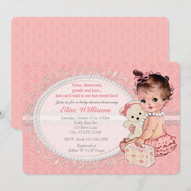 Vintage Teddy Bear Girls Baby Shower Invitations 2 (Devant / Derrière)