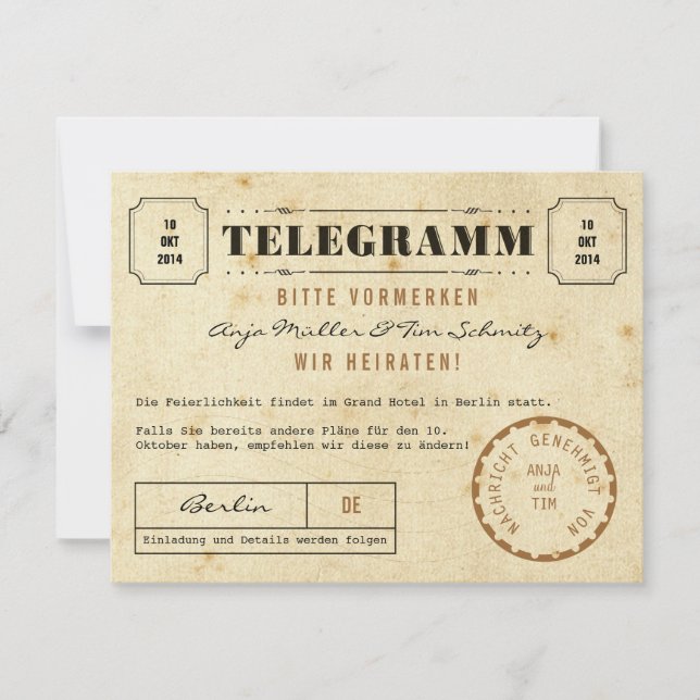 Vintage Telegramm Save the Date (Devant)