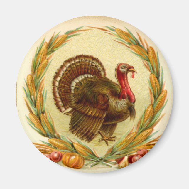 Vintage Thanksgiving Turkey Round Magnet (Devant)