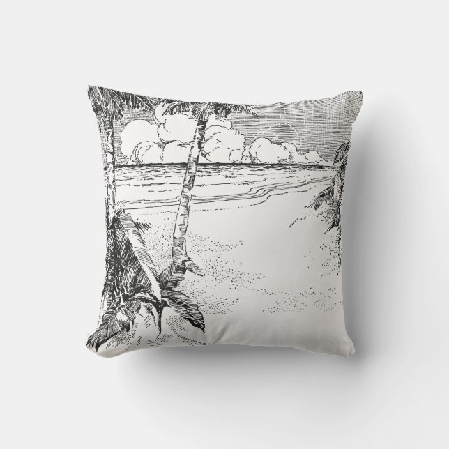 Vintage Tropical Palm Tree Beach Etching Coussin (Recto)