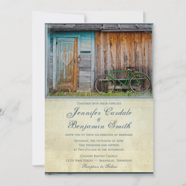 Vintage Vélo Rustique Grange Mariage Invitations (Devant)