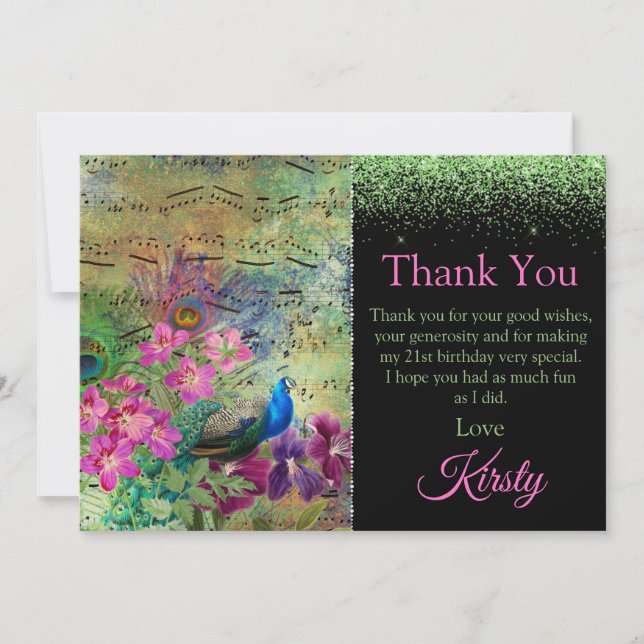 Vintage vert et rose paon Merci d'anniversaire (Devant)